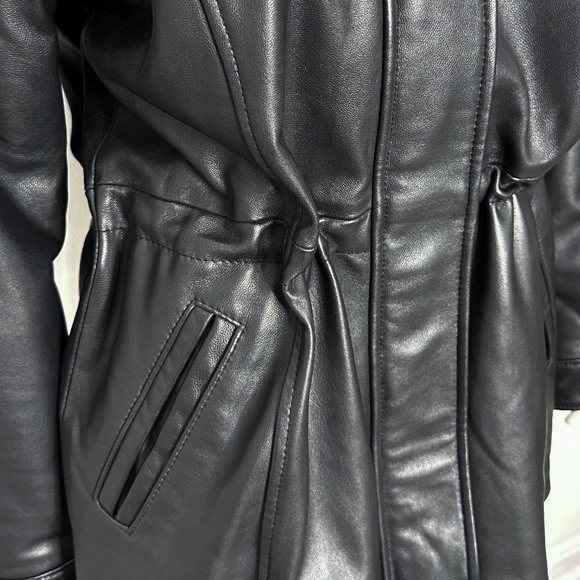 Genuine Lamb Leather Longline Coat Jacket w/ Remove-able Faux Fur Trim Hood - Picture 6 of 16